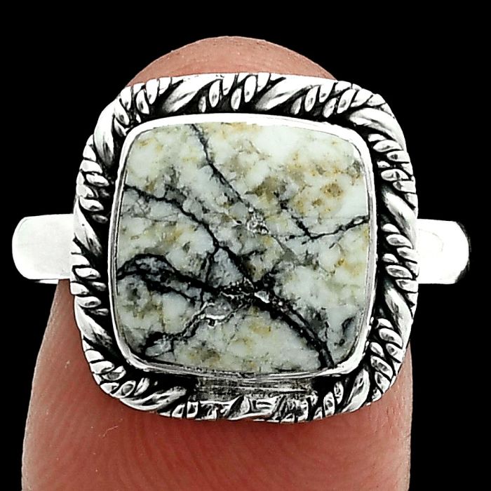 Authentic White Buffalo Turquoise Nevada Ring size-9 EXR06388 R-1013, 11x11 mm