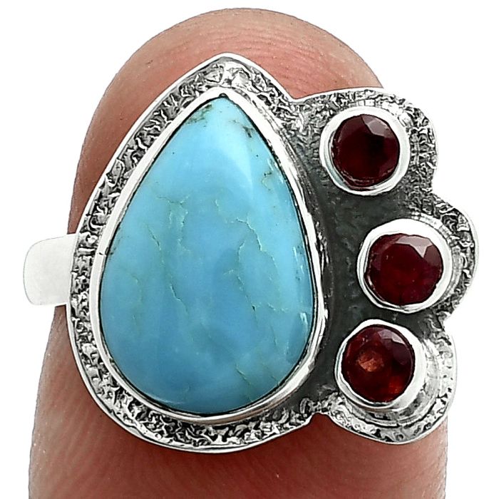 Natural Rare Turquoise Nevada Aztec Mt and Garnet Ring size-7 EXR06395 R-1655, 9x13 mm