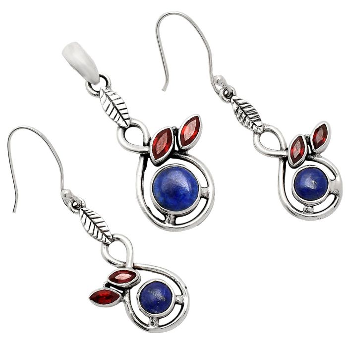 Lapis Lazuli and Garnet Pendant Earrings Set EXT01073 T-1013, 8x8 mm