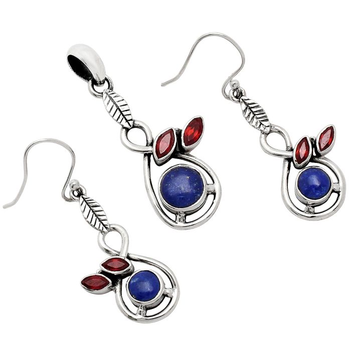 Lapis Lazuli and Garnet Pendant Earrings Set EXT01074 T-1013, 8x8 mm