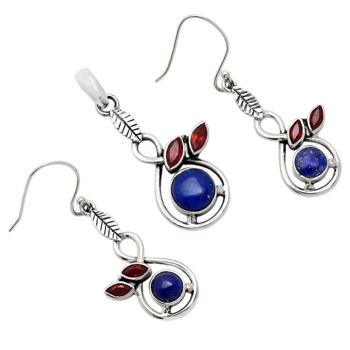 Lapis Lazuli and Garnet Pendant Earrings Set EXT01075 T-1013, 8x8 mm