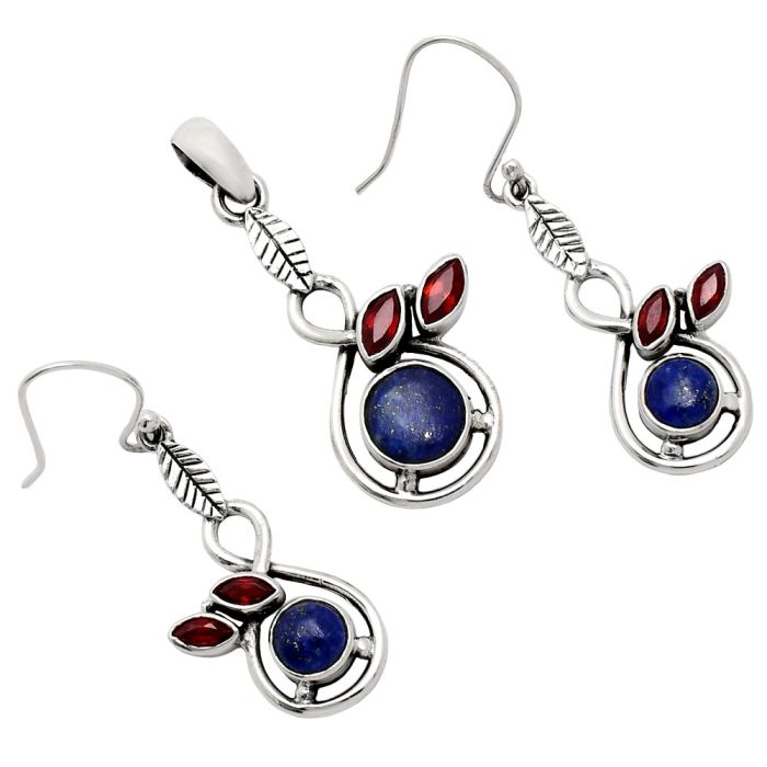 Lapis Lazuli and Garnet Pendant Earrings Set EXT01076 T-1013, 8x8 mm