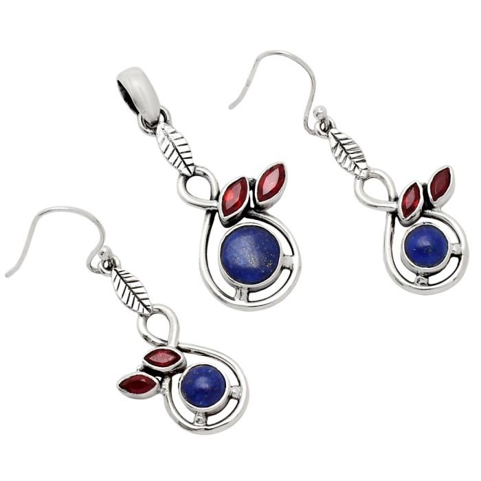 Lapis Lazuli and Garnet Pendant Earrings Set EXT01078 T-1013, 8x8 mm