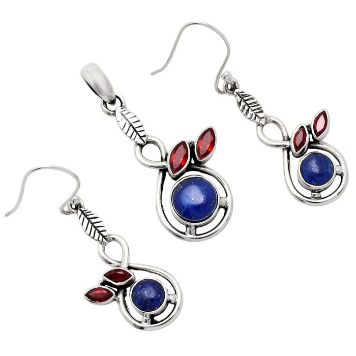 Lapis Lazuli and Garnet Pendant Earrings Set EXT01079 T-1013, 8x8 mm