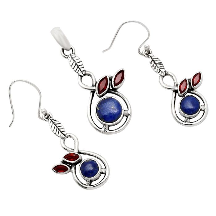 Lapis Lazuli and Garnet Pendant Earrings Set EXT01081 T-1013, 8x8 mm