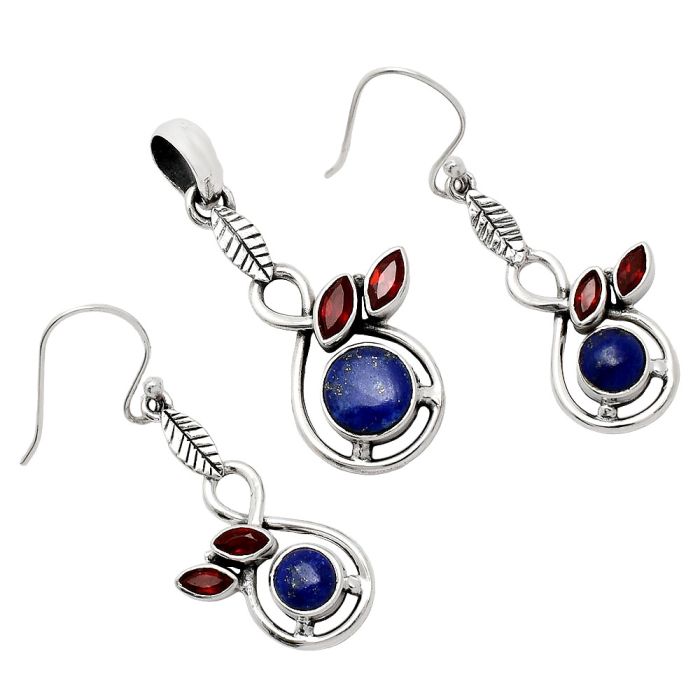 Lapis Lazuli and Garnet Pendant Earrings Set EXT01082 T-1013, 8x8 mm