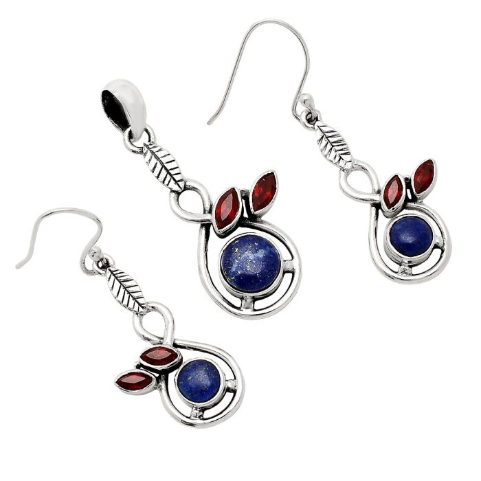 Lapis Lazuli and Garnet Pendant Earrings Set EXT01083 T-1013, 8x8 mm