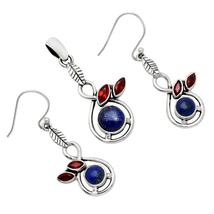 Lapis Lazuli and Garnet Pendant Earrings Set EXT01084 T-1013, 8x8 mm