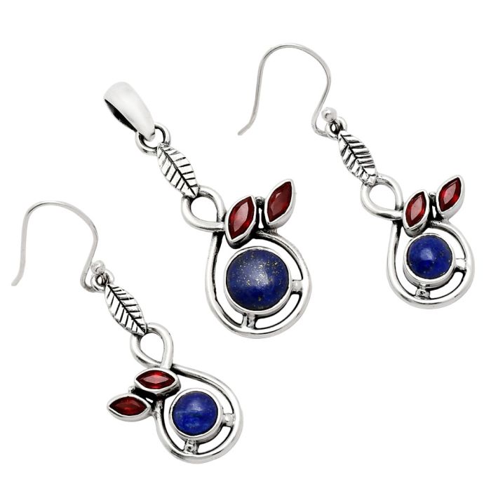 Lapis Lazuli and Garnet Pendant Earrings Set EXT01085 T-1013, 8x8 mm