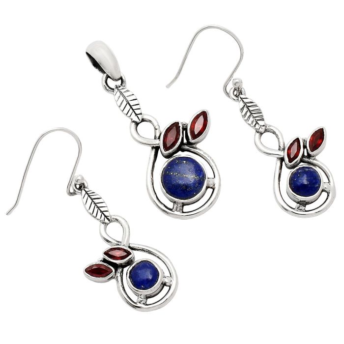 Lapis Lazuli and Garnet Pendant Earrings Set EXT01086 T-1013, 8x8 mm