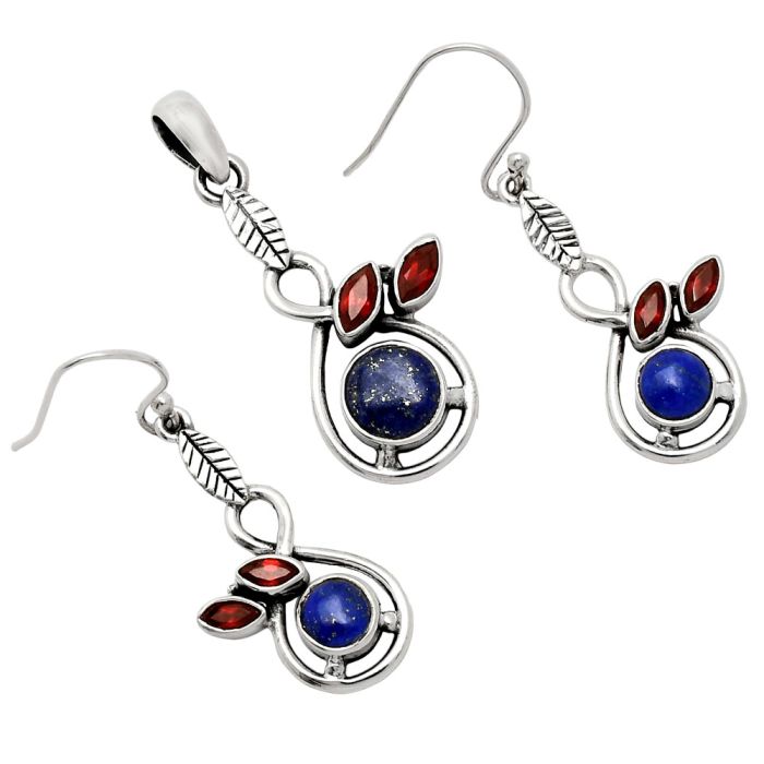 Lapis Lazuli and Garnet Pendant Earrings Set EXT01087 T-1013, 8x8 mm