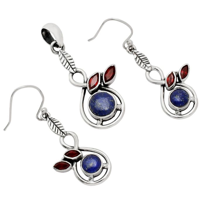 Lapis Lazuli and Garnet Pendant Earrings Set EXT01088 T-1013, 8x8 mm