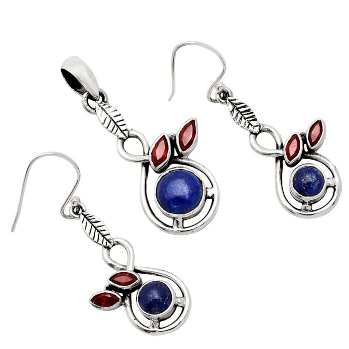 Lapis Lazuli and Garnet Pendant Earrings Set EXT01089 T-1013, 8x8 mm