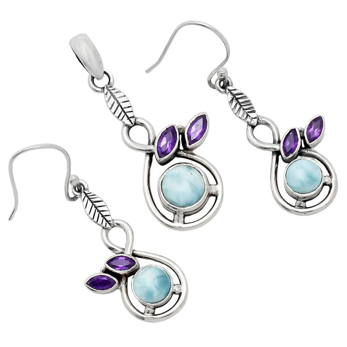 Larimar (Dominican Republic) and Amethyst Pendant Earrings Set EXT01090 T-1013, 8x8 mm