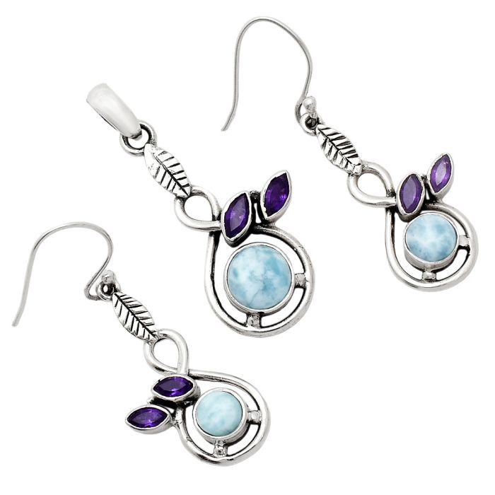 Larimar (Dominican Republic) and Amethyst Pendant Earrings Set EXT01091 T-1013, 8x8 mm