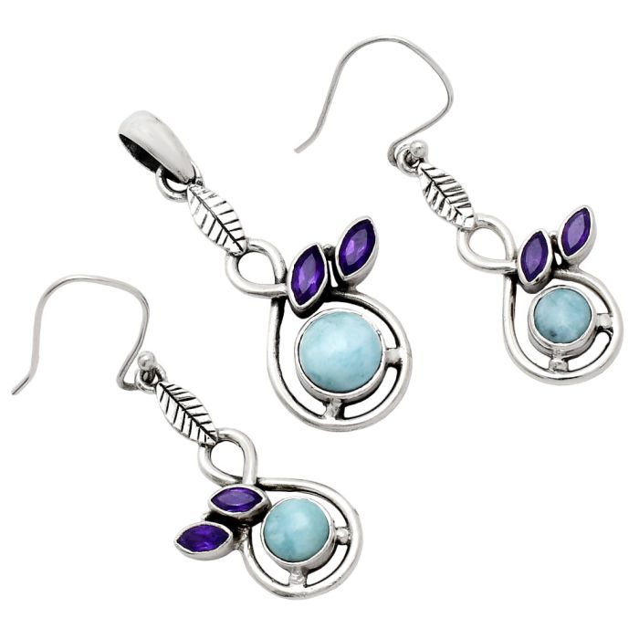 Larimar (Dominican Republic) and Amethyst Pendant Earrings Set EXT01092 T-1013, 8x8 mm