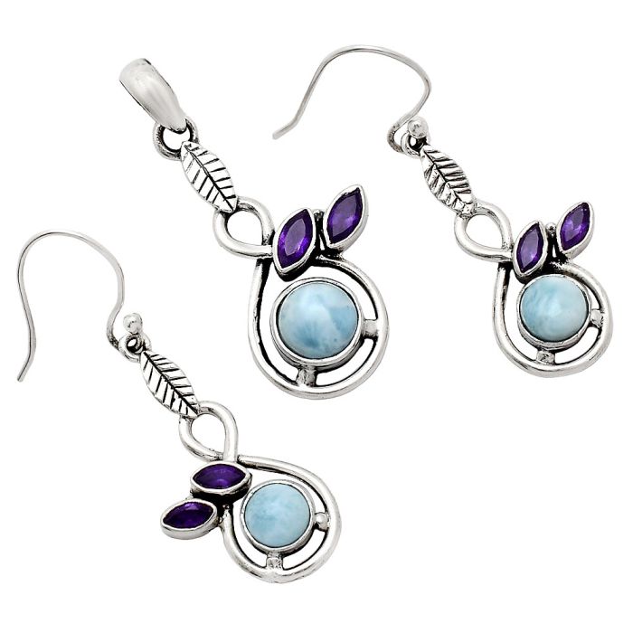 Larimar (Dominican Republic) and Amethyst Pendant Earrings Set EXT01093 T-1013, 8x8 mm