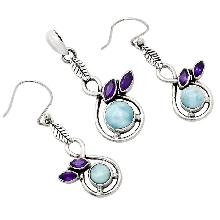 Larimar (Dominican Republic) and Amethyst Pendant Earrings Set EXT01094 T-1013, 8x8 mm