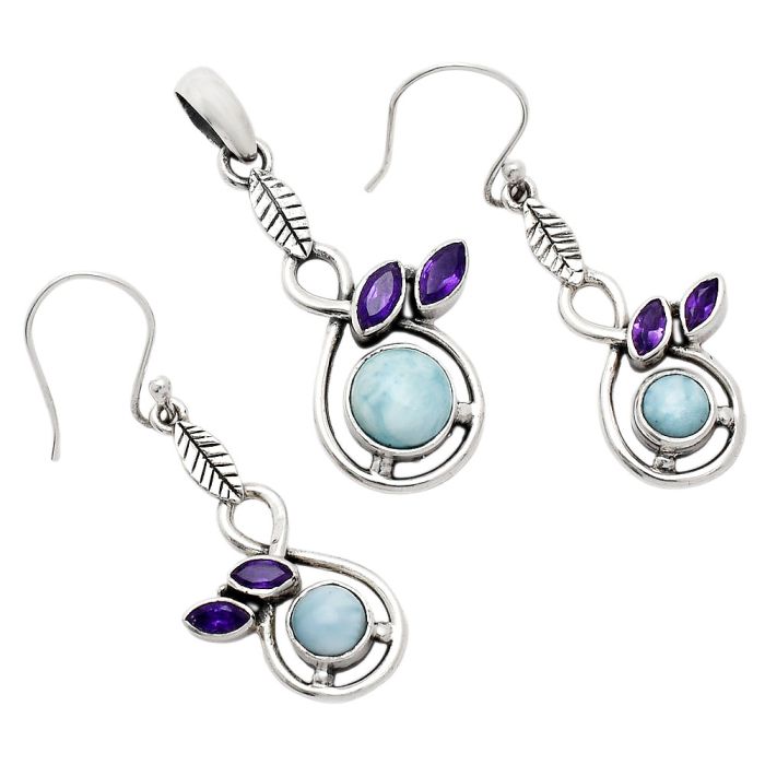 Larimar (Dominican Republic) and Amethyst Pendant Earrings Set EXT01095 T-1013, 8x8 mm