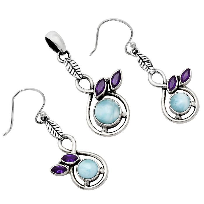 Larimar (Dominican Republic) and Amethyst Pendant Earrings Set EXT01096 T-1013, 8x8 mm