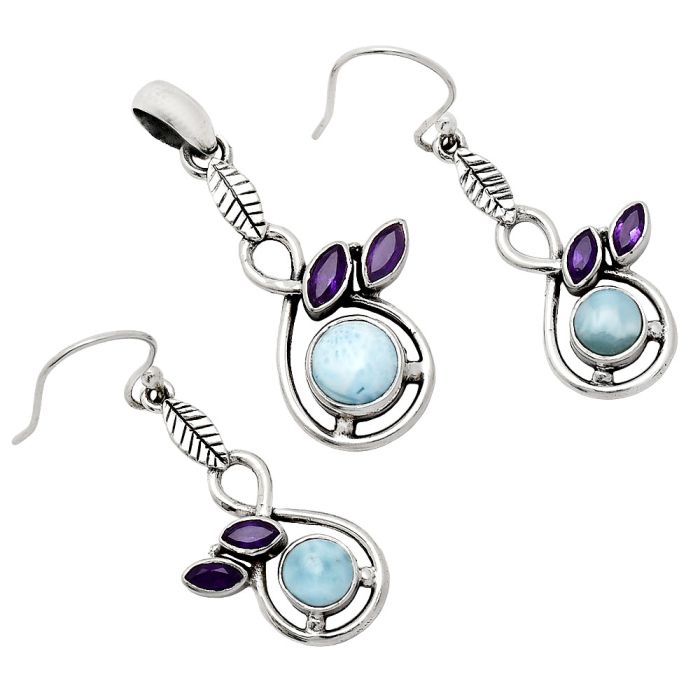 Larimar (Dominican Republic) and Amethyst Pendant Earrings Set EXT01097 T-1013, 8x8 mm