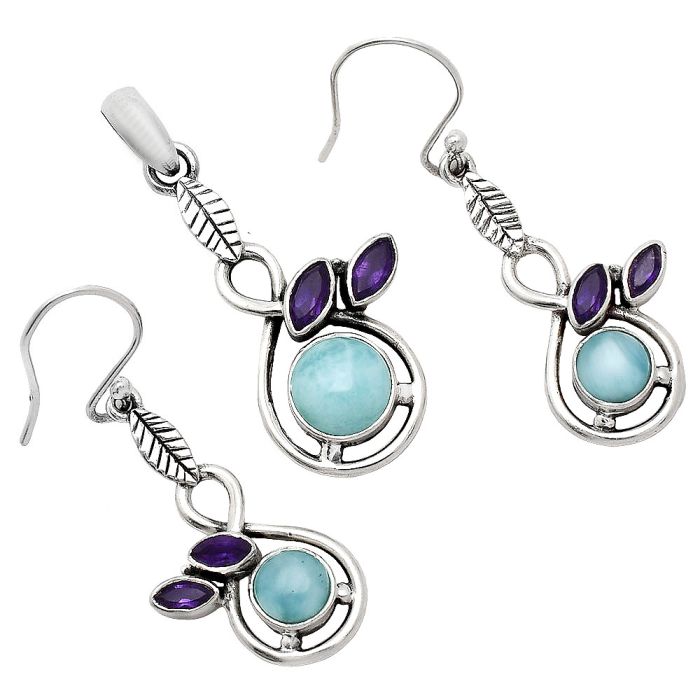 Larimar (Dominican Republic) and Amethyst Pendant Earrings Set EXT01099 T-1013, 8x8 mm