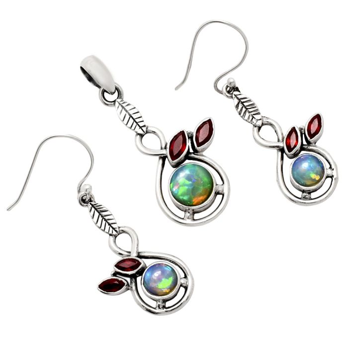 Ethiopian Opal and Garnet Pendant Earrings Set EXT01100 T-1013, 8x8 mm