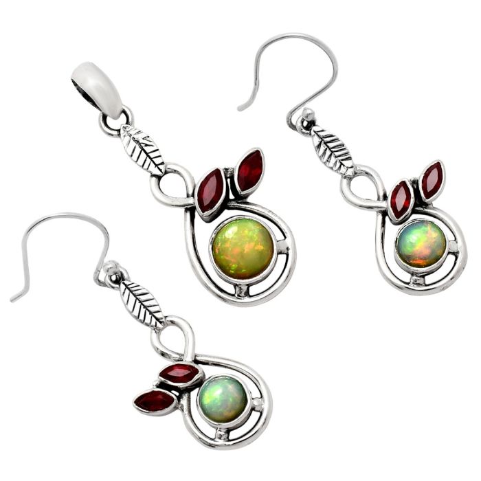 Ethiopian Opal and Garnet Pendant Earrings Set EXT01101 T-1013, 8x8 mm