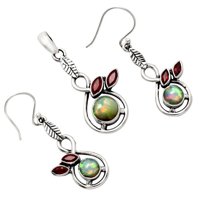 Ethiopian Opal and Garnet Pendant Earrings Set EXT01102 T-1013, 8x8 mm