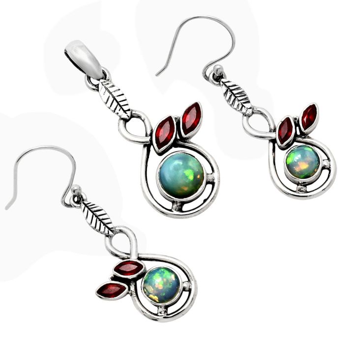 Ethiopian Opal and Garnet Pendant Earrings Set EXT01103 T-1013, 8x8 mm