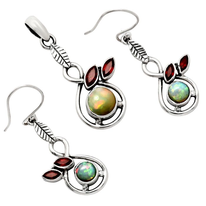 Ethiopian Opal and Garnet Pendant Earrings Set EXT01104 T-1013, 8x8 mm