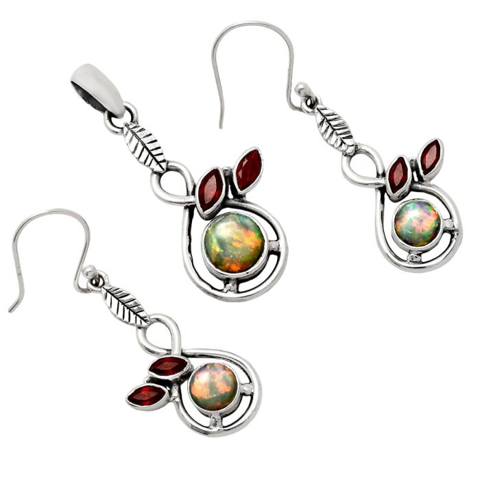 Ethiopian Opal and Garnet Pendant Earrings Set EXT01105 T-1013, 8x8 mm