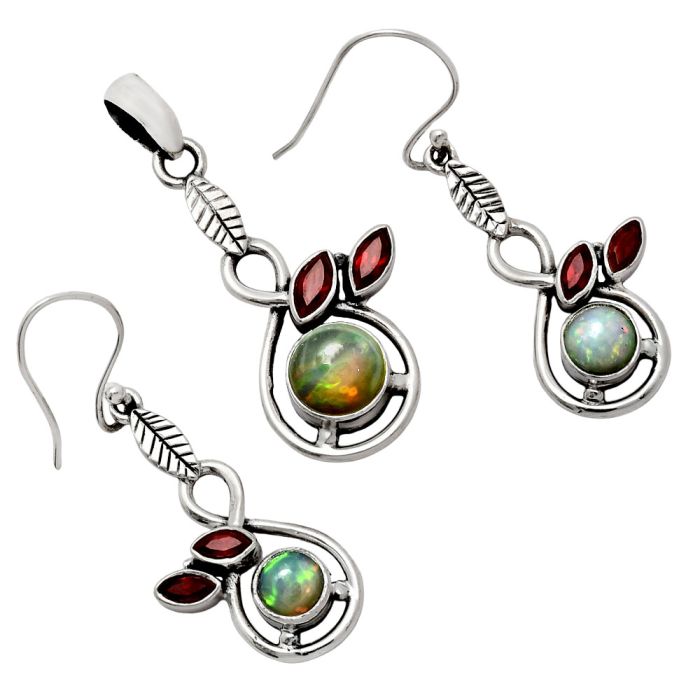 Ethiopian Opal and Garnet Pendant Earrings Set EXT01106 T-1013, 8x8 mm