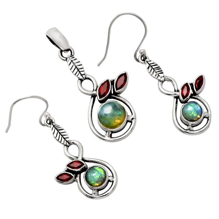 Ethiopian Opal and Garnet Pendant Earrings Set EXT01107 T-1013, 8x8 mm