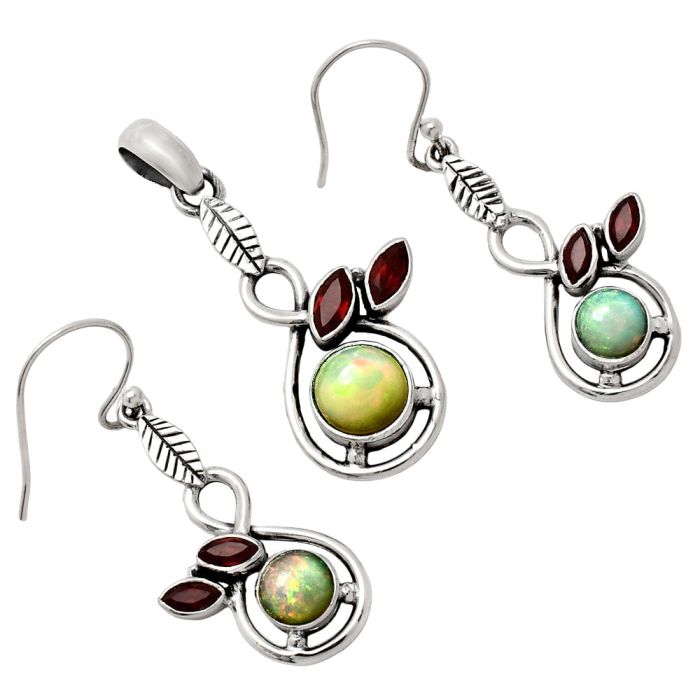 Ethiopian Opal and Garnet Pendant Earrings Set EXT01108 T-1013, 8x8 mm