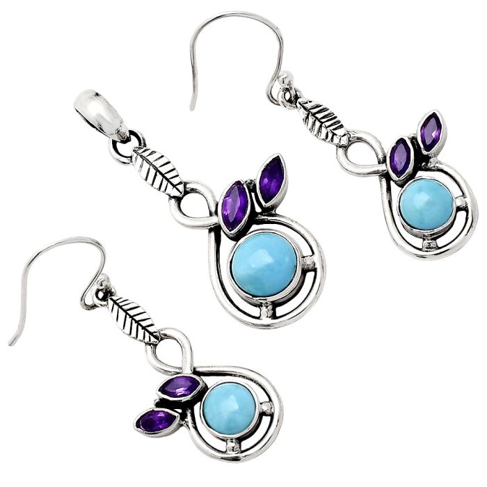 Sleeping Beauty Turquoise and Amethyst Pendant Earrings Set EXT01109 T-1013, 8x8 mm