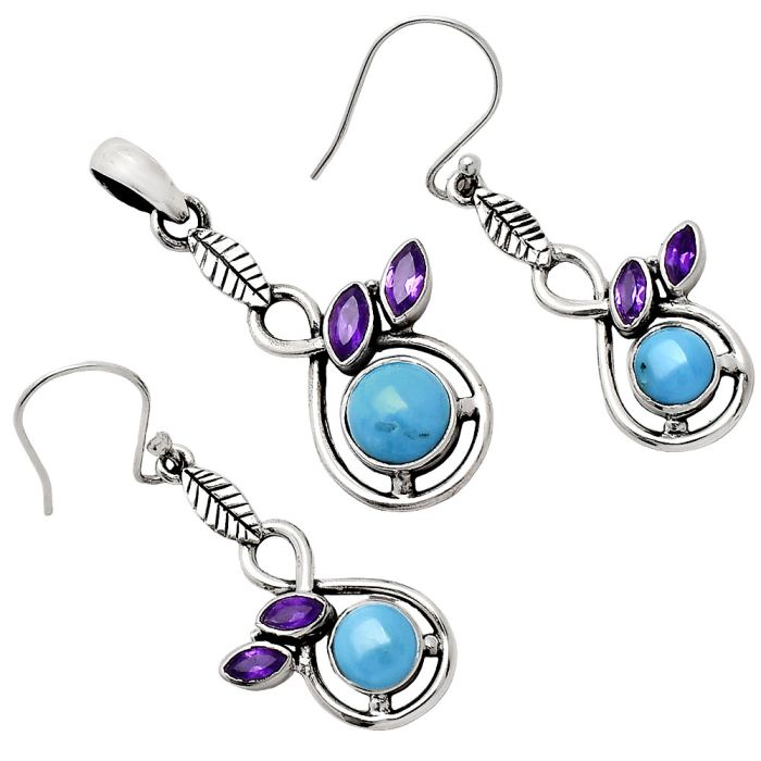 Sleeping Beauty Turquoise and Amethyst Pendant Earrings Set EXT01110 T-1013, 8x8 mm