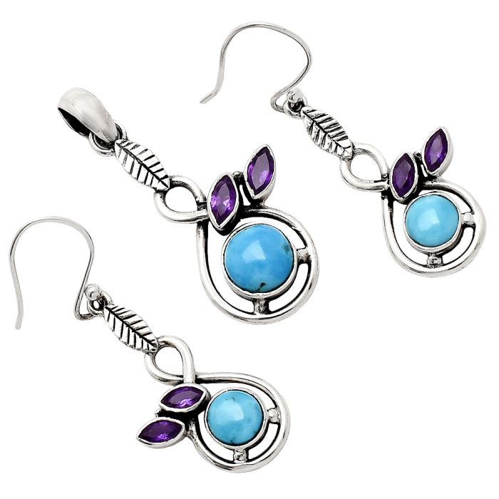 Sleeping Beauty Turquoise and Amethyst Pendant Earrings Set EXT01111 T-1013, 8x8 mm