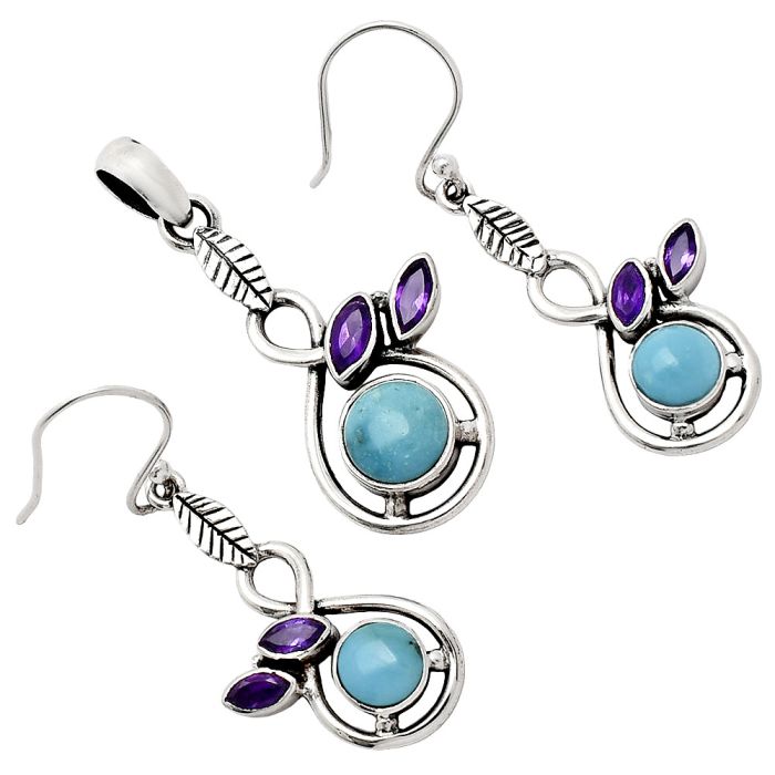 Sleeping Beauty Turquoise and Amethyst Pendant Earrings Set EXT01112 T-1013, 8x8 mm