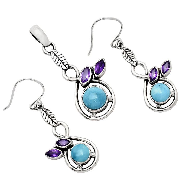 Sleeping Beauty Turquoise and Amethyst Pendant Earrings Set EXT01113 T-1013, 8x8 mm