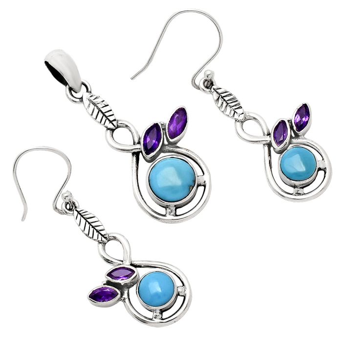 Sleeping Beauty Turquoise and Amethyst Pendant Earrings Set EXT01114 T-1013, 8x8 mm