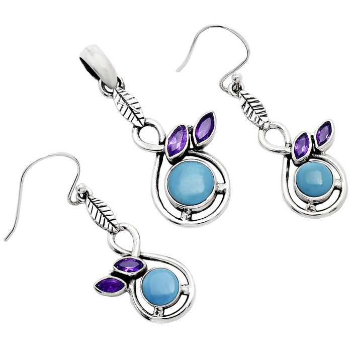 Sleeping Beauty Turquoise and Amethyst Pendant Earrings Set EXT01115 T-1013, 8x8 mm