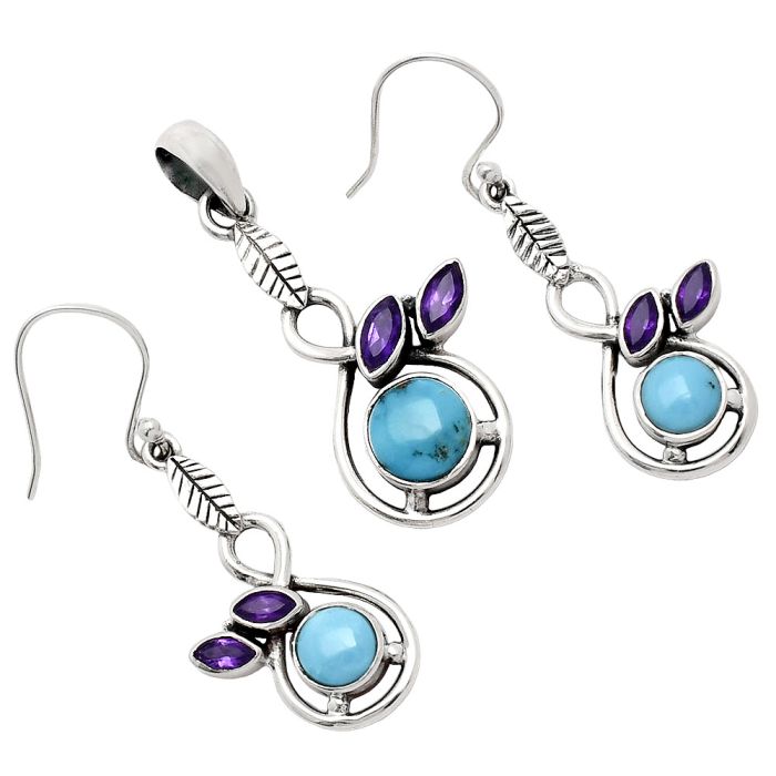 Sleeping Beauty Turquoise and Amethyst Pendant Earrings Set EXT01116 T-1013, 8x8 mm