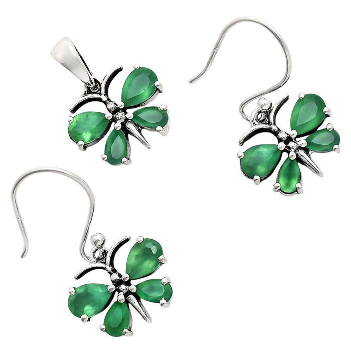 Butterfly - Green Onyx Pendant Earrings Set EXT01117 T-1014, 6x4 mm