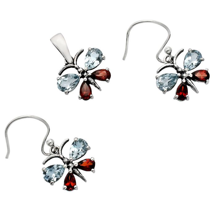 Butterfly - Sky Blue Topaz and Garnet Pendant Earrings Set EXT01173 T-1014, 6x4 mm