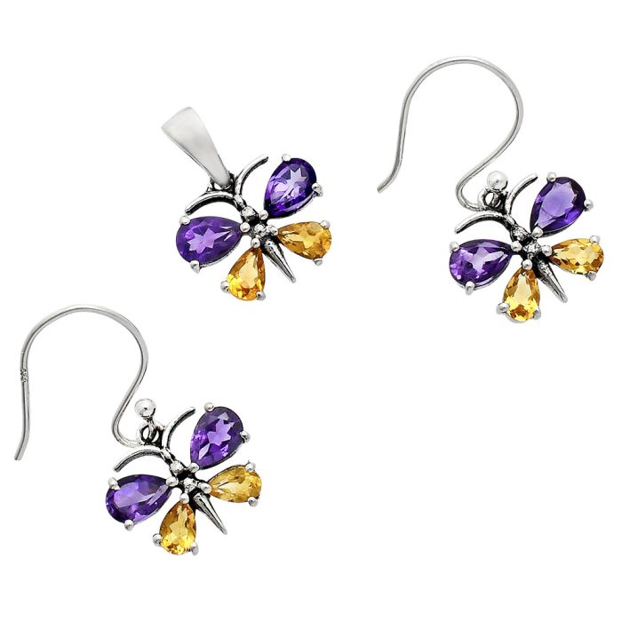 Butterfly - African Amethyst and Citrine Pendant Earrings Set EXT01191 T-1014, 6x4 mm