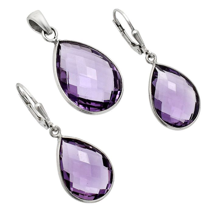 Amethyst Checker Briolette Pendant Earrings Set EXT01208 T-1015, 16x22 mm