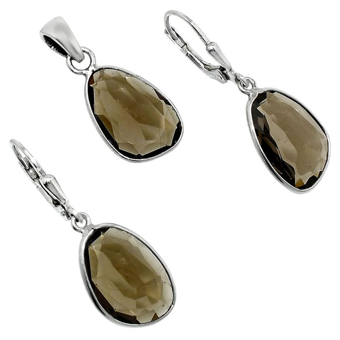 Smoky Quartz Pendant Earrings Set EXT01218 T-1015, 11x16 mm