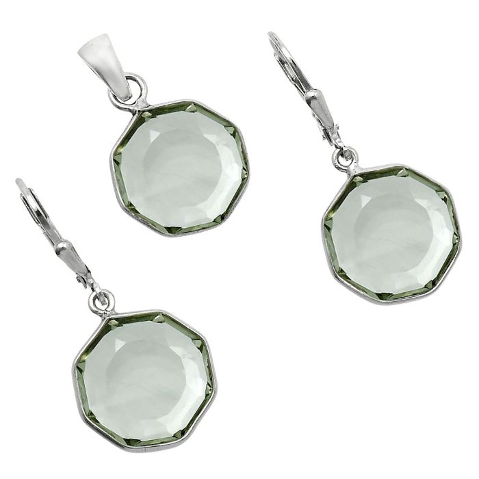 Prasiolite (Green Amethyst) Pendant Earrings Set EXT01224 T-1015, 14x14 mm