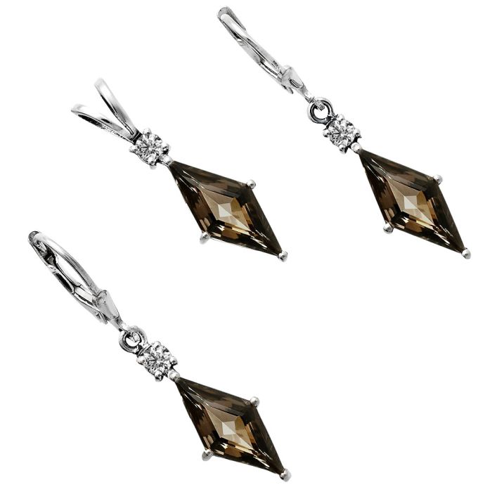 Smoky Quartz and Moissanite Pendant Earrings Set EXT01257 T-1016, 7x16 mm